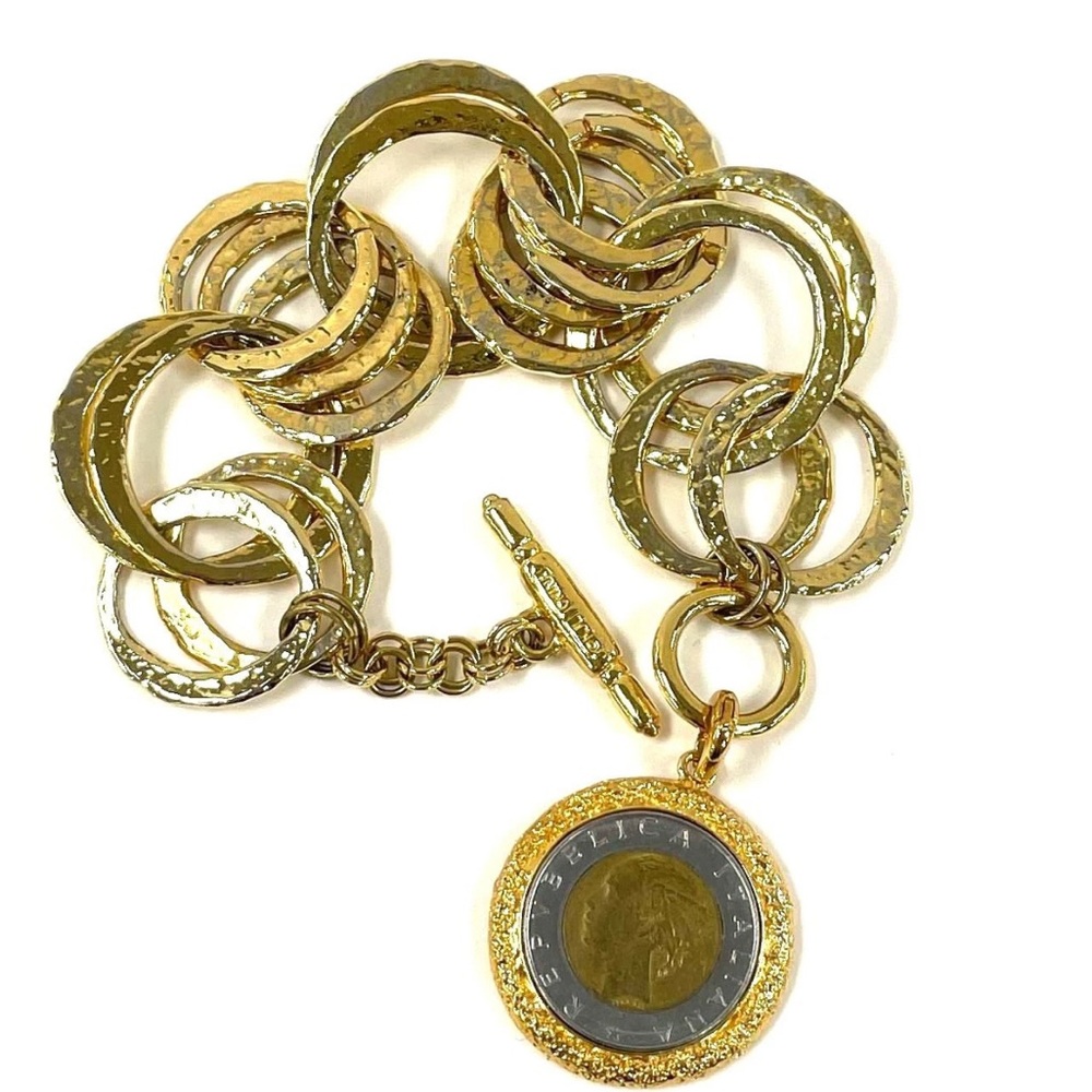 Kenneth Jay Lane Gold-Tone Link Bracelet with added Belezza Italy Lire coin